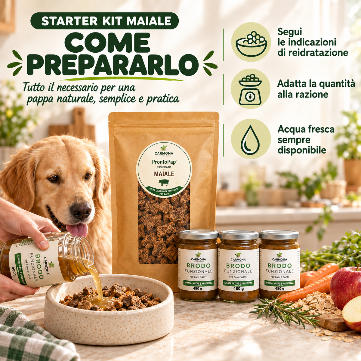 STARTER KIT MAIALE - 1 Kg PRONTOPAP ESSICCATO + 4 BRODO FUNZIONALE DA 480 g - modo d’uso