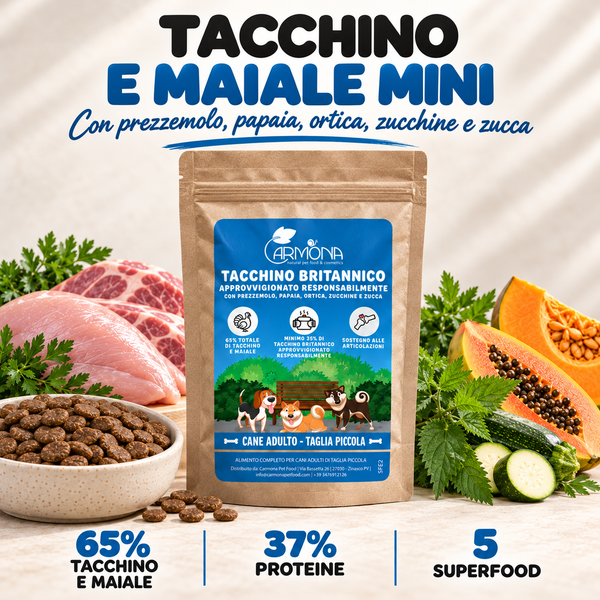 CANI TAGLIA MINI - TACCHINO E MAIALE CON PREZZEMOLO, PAPAIA, ORTICA, ZUCCHINE E ZUCCA - 2 Kg