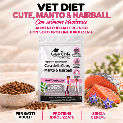 VET DIET - IPOALLERGENICO + CURA DELLA CUTE, DEL MANTO & HAIRBALL 100% IDROLIZZATO grain free Salmone copertina