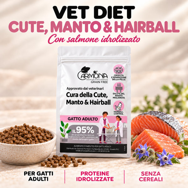 VET DIET - IPOALLERGENICO + CURA DELLA CUTE, DEL MANTO & HAIRBALL 100% IDROLIZZATO grain free Salmone
